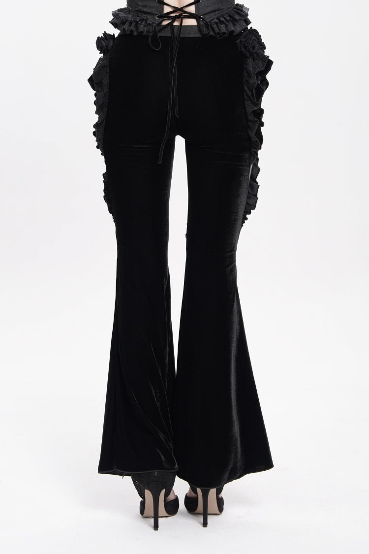 Black Ruffled Spliced Women's Gothic Floral Faux Leather&Velvet Ruffle Pants