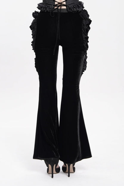 Black Ruffled Spliced Women's Gothic Floral Faux Leather&Velvet Ruffle Pants
