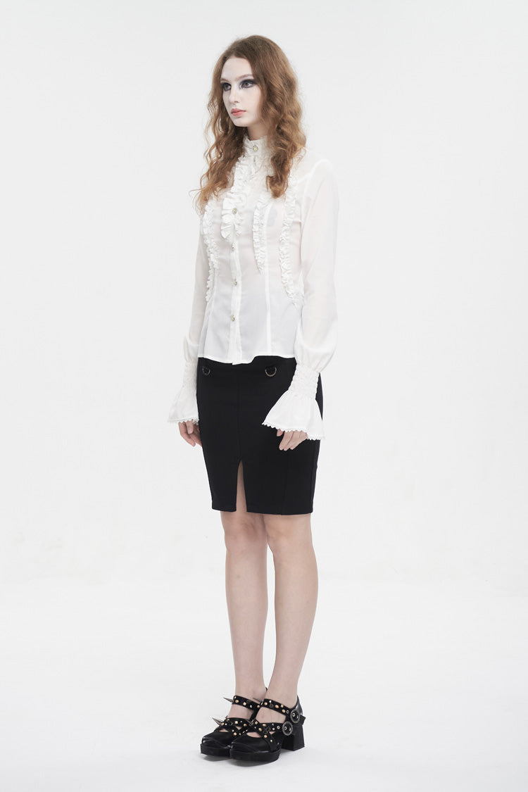 White Stand Collar Ruffled Women's Gothic Shirt