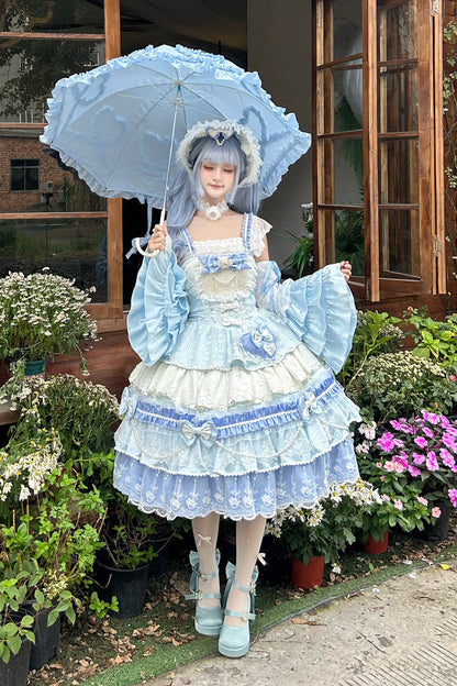 Blue [Falling Sakura] Multi-Layered Ruffled Hanayome Bow Lace Sweet Plus Size Princess Lolita Jsk Dress