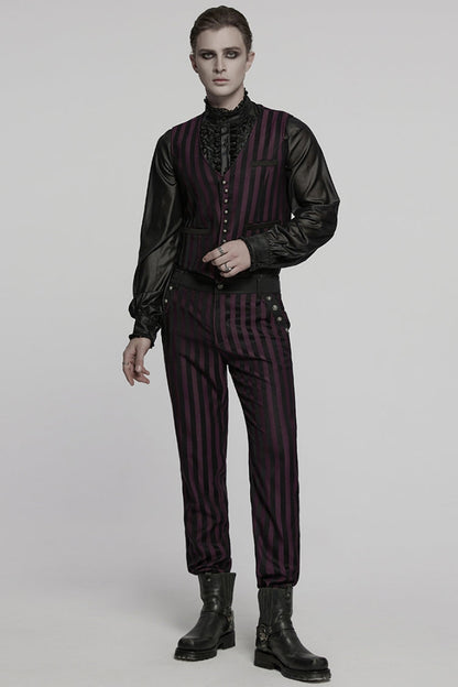 Black/Red High Waisted Striped Print Men's Gothic Suit Pants