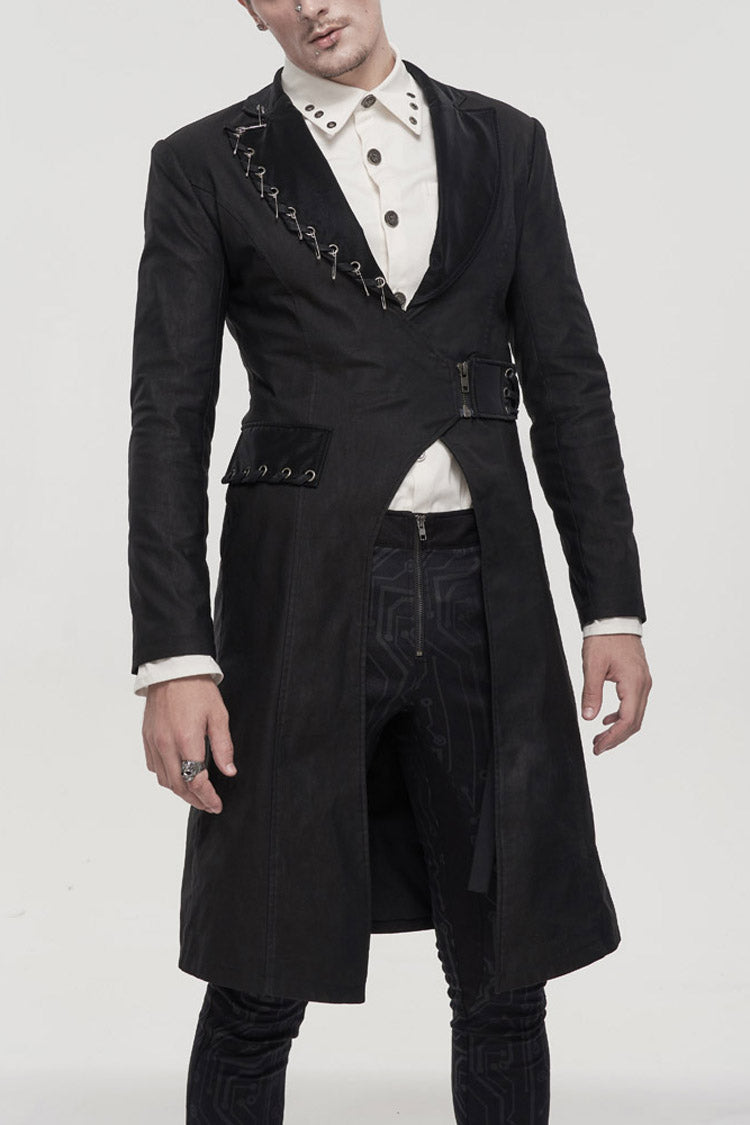 Black Punk Twill Imitation Leather Metal Pin Decoration Drawstring Design Long Men's Coat