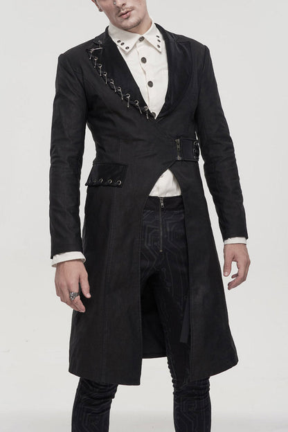 Black Punk Twill Imitation Leather Metal Pin Decoration Drawstring Design Long Men's Coat