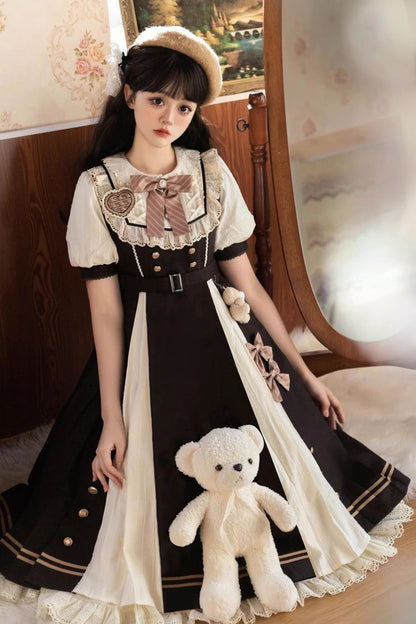 Black/White Chocolate Workshop Long Version Elegant Short Puff Sleeves Sweet Lolita Dress (Plus Size Version)