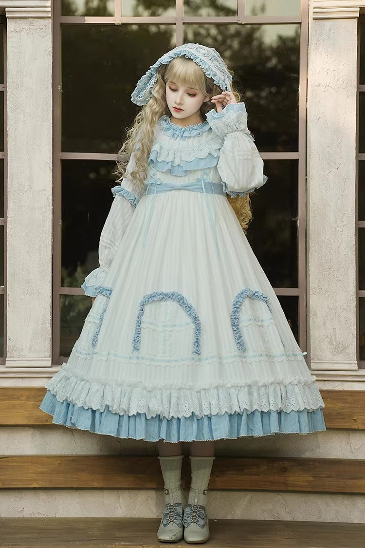 Blue [Twin Lilian] Round Collar Long Sleeves Double-Layered Ruffled Bow Lace-Up Sweet Lolita Dress