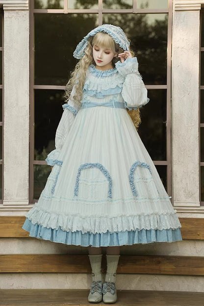 Blue [Twin Lilian] Round Collar Long Sleeves Double-Layered Ruffled Bow Lace-Up Sweet Lolita Dress