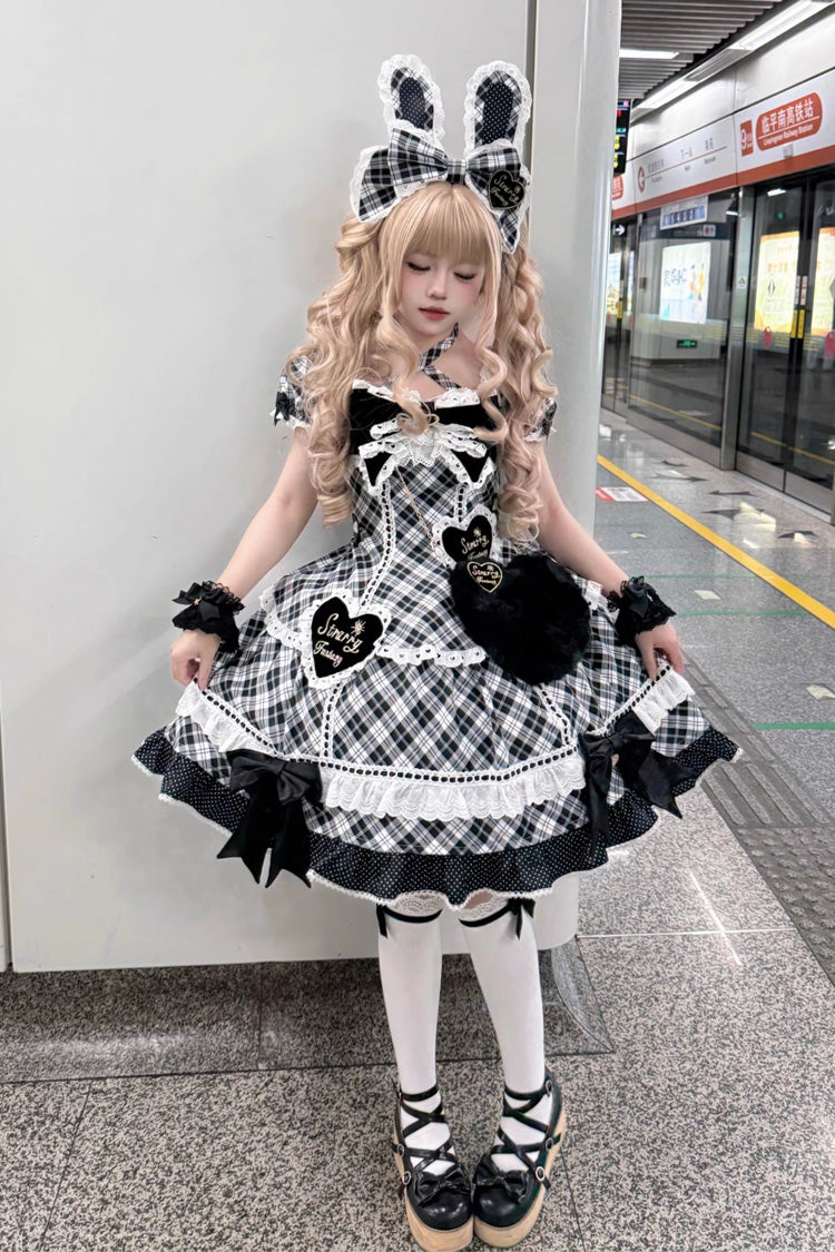 Black/White [Shibuya Sweetheart] Short Sleeves Plaid Print Ruffle Bowknot Sweet Lolita OP Dress (Plus Size Support)