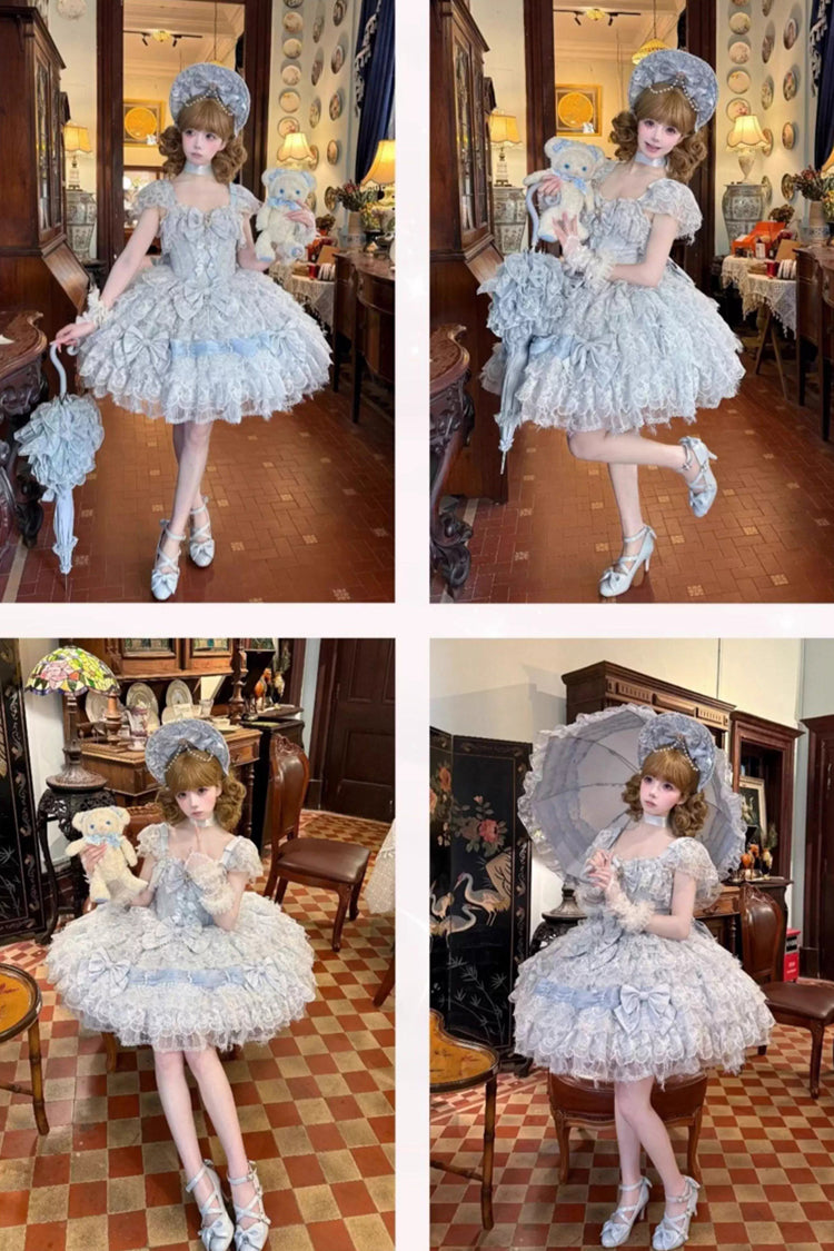 Blue [Cloudborne Snowfeather] Sleeveless Multi-Layered Hanayome Bowknot Pearl Gothic Lolita Jsk Dress