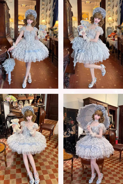 Blue [Cloudborne Snowfeather] Sleeveless Multi-Layered Hanayome Bowknot Pearl Gothic Lolita Jsk Dress