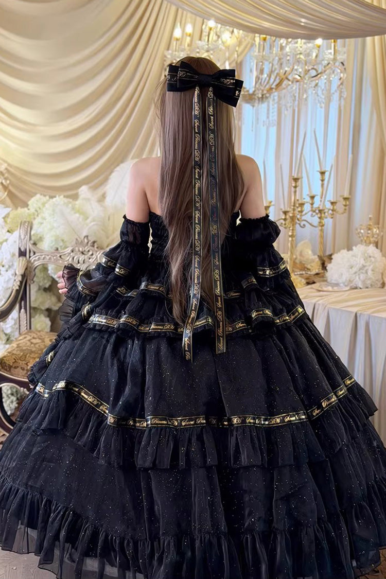 Black [Obsidian Banquet] Double-Layered Ruffled Hanayome Bow Lace Sweet Gothic Princess Lolita Jsk Dress