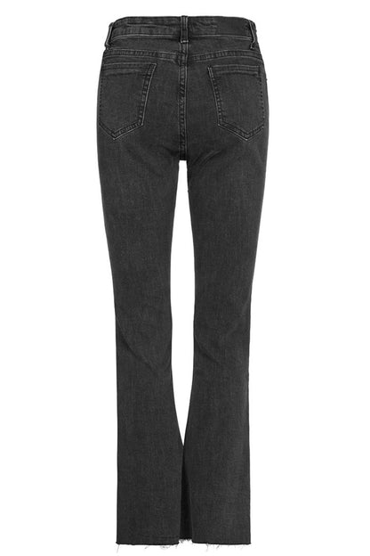 Black Tight Elastic Distressed Denim Asymmetrical Placket Medium Waist Women's Punk Flared Pants