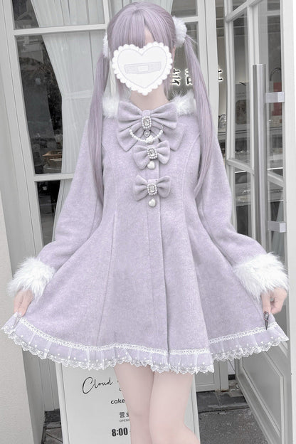 Grey/Purple Long Sleeves Bowknot Rabbit Ears Detachable Hooded Japanese Jirai Kei Coat