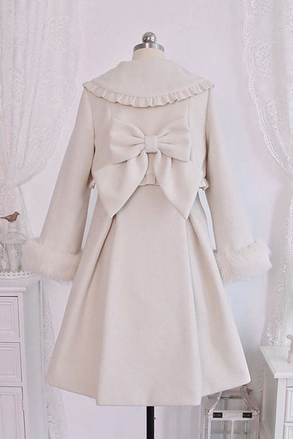 Ivory Double Breasted Bowknot Plush Long Sleeves Fake Two-Piece Woolen Lolita Coat