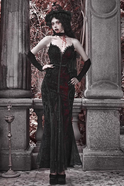 Black/Red [Scarlet Blood Peak] Sleeveless High Waisted Ruffle Embroidery Lace Gothic Lolita Fishtail Dress