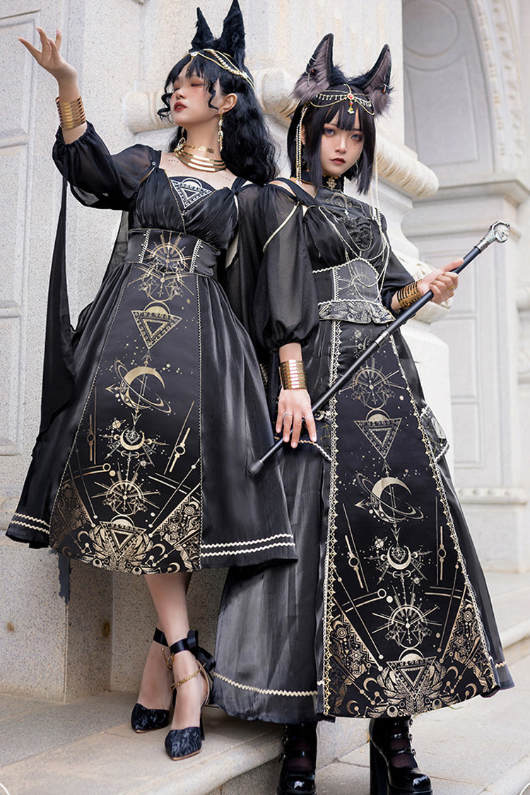 Black [Nightmare of Horus] Print Ruffle Hot Stamping Gothic Gorgeous Lolita Jsk Short Dress
