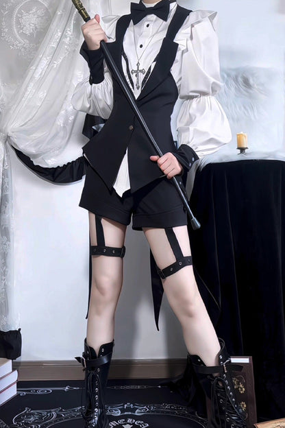 Black/White Stand Collar Long Sleeves Bowknot Gothic Prince Ouji Lolita Blouse Shorts Swallowtail Vest Set