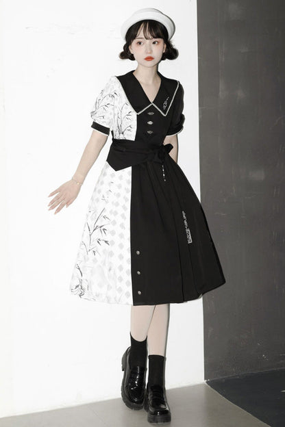 Black/White Stitching Chinese Style Bamboo Print High Waisted Sweet Lolita Dress