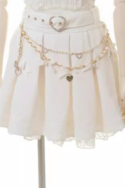 Sweet Heart Belt Printed Ruffled Bow Pearl-Decorated Chain-Decorated Plus Size Pleated Jirai Kei Skirt