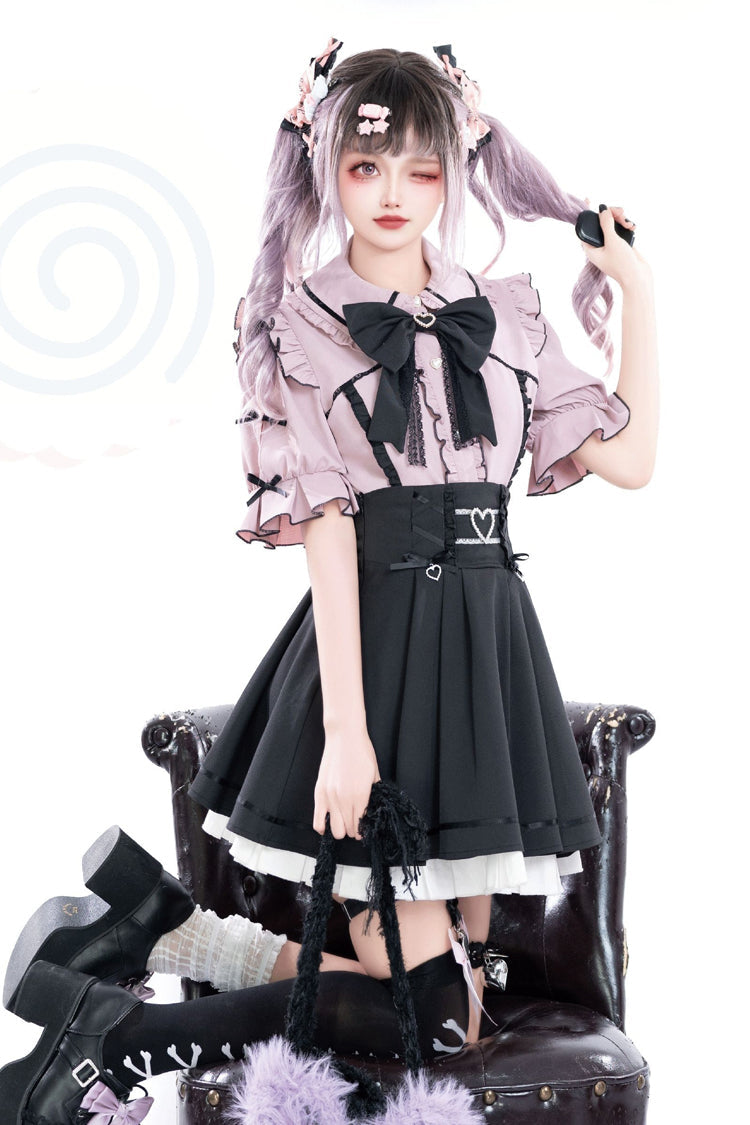 Black/Pink Short Sleeves Ruffle Slim Jirai Kei Japanese Skirt Set
