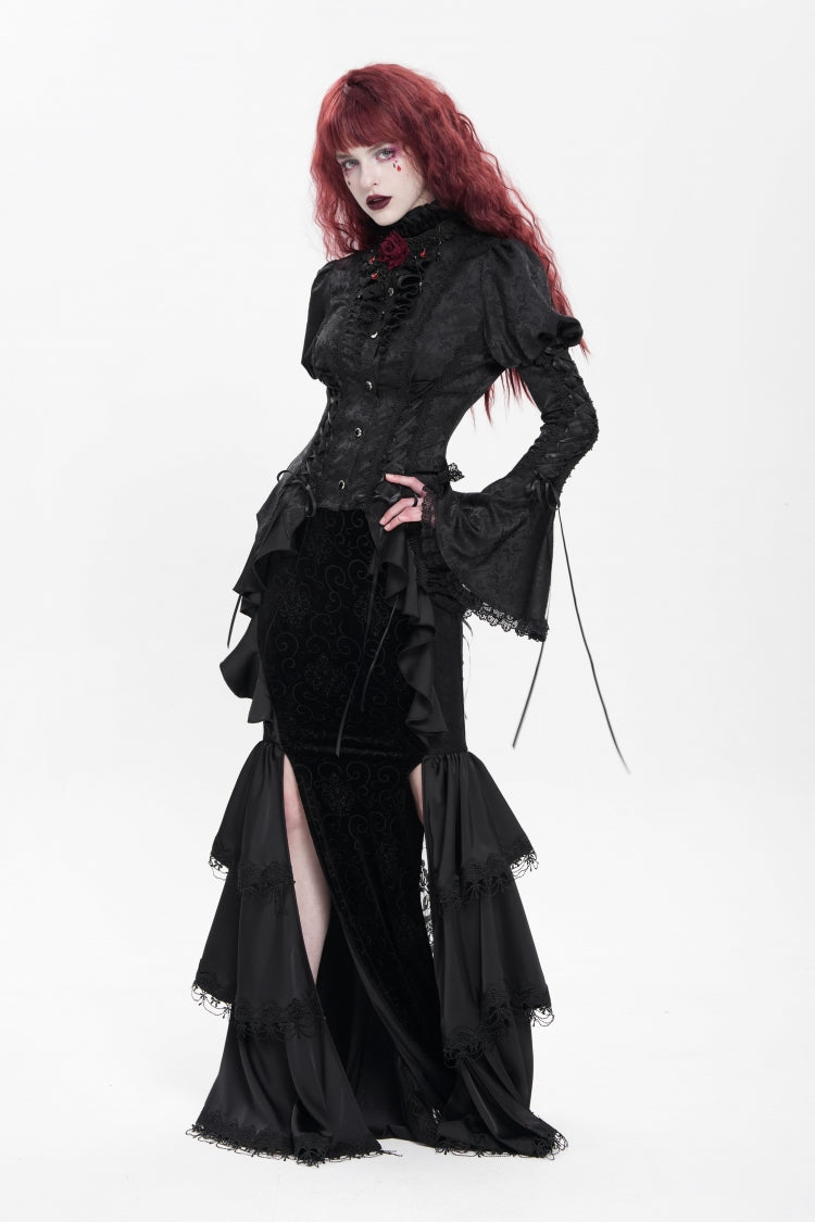 Black Stand Collar Long Puff Sleeves Floral Jacquard Lace-Up Women's Gothic Blouse