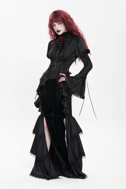Black Stand Collar Long Puff Sleeves Floral Jacquard Lace-Up Women's Gothic Blouse