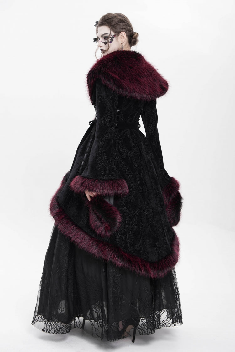 Red Long Sleeves Floral Embroidery Women's Gothic Fluffy Coat