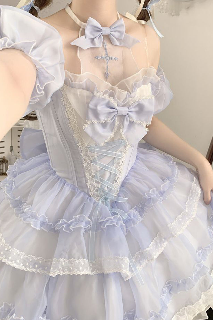 Blue Multi-layer Ruffle Hanayome Bowknot Lace Halter Neck Sweet Princess Lolita Dress