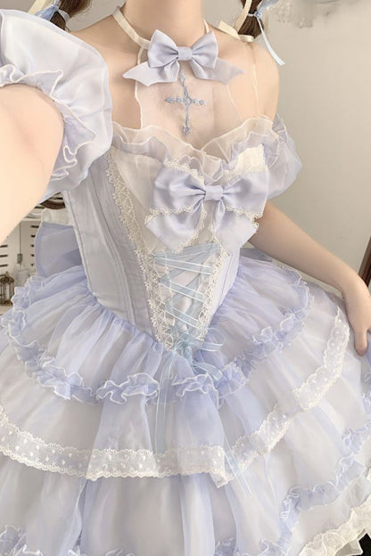 Blue Multi-layer Ruffle Hanayome Bowknot Lace Halter Neck Sweet Princess Lolita Dress