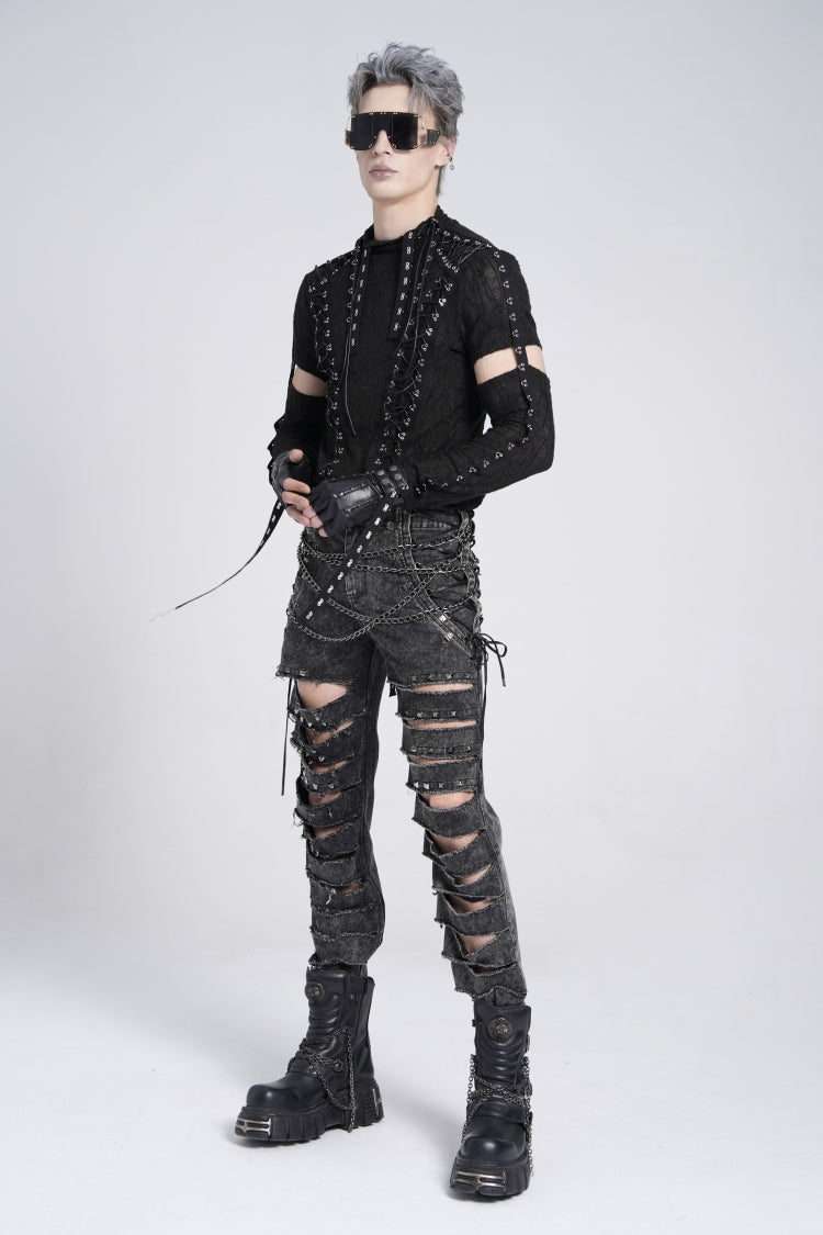 Black Ripped Rivet Men's Punk Pants with Chain