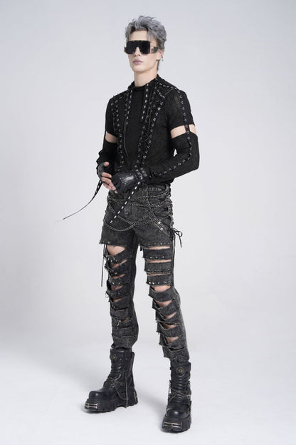 Black Ripped Rivet Men's Punk Pants with Chain