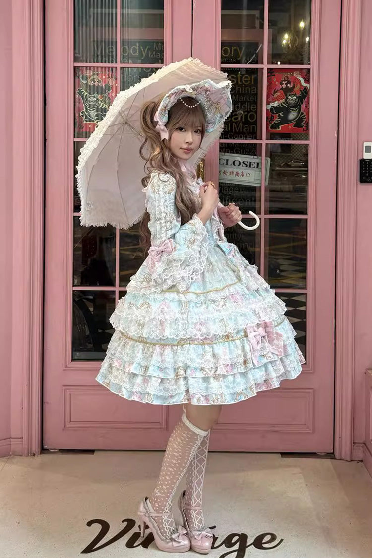 Blue [Candlelight Elegance] Long Trumpet Sleeves Multi-Layered Ruffle Bowknot Lace Sweet Elegant Lolita Dress
