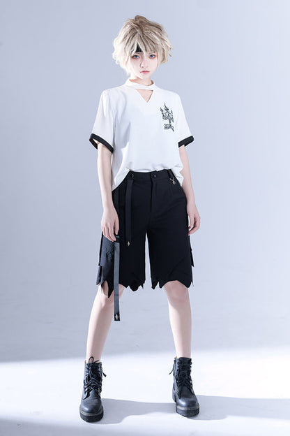 White Hollow V Collar Spooky Shadow Embroidered Ouji Lolita Short Sleeves