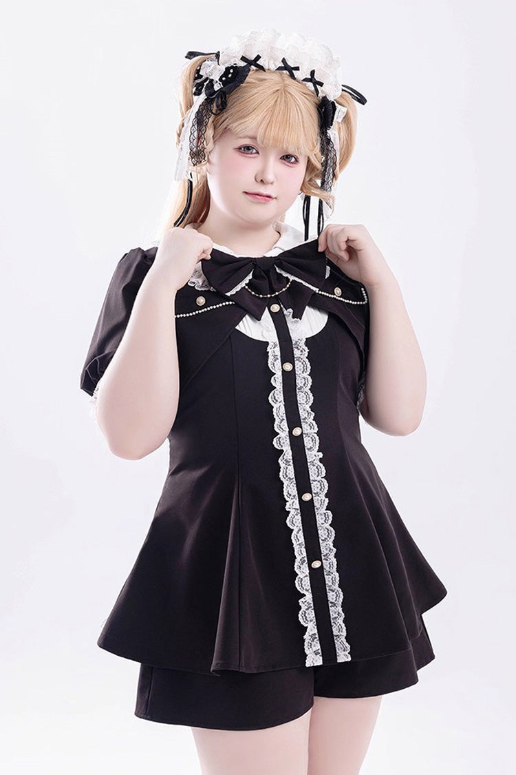 Black Short Sleeves Ruffle Bowknot Fake Two Pieces Jirai Kei Japanese Dress Shorts