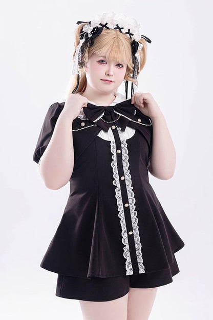 Black Short Sleeves Ruffle Bowknot Fake Two Pieces Jirai Kei Japanese Dress Shorts
