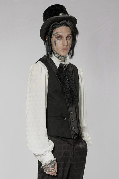 Black Punk Jacquard V-Neck Stitching Three Dimensional Engraving Hand Sewn Button Lace Short Men's Vest
