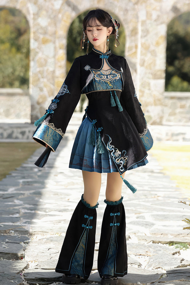 Black/Blue [Misty Teal] Long Sleeves Ruffled Cut-Out Embroidered Asymmetric Chinese Style Classic Lolita Jsk Dress Set