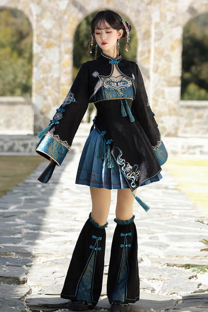 Black/Blue [Misty Teal] Long Sleeves Ruffled Cut-Out Embroidered Asymmetric Chinese Style Classic Lolita Jsk Dress Set