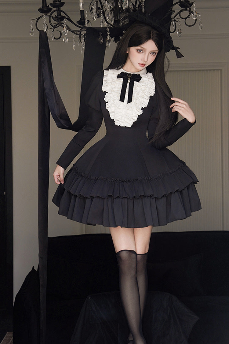 Black [Miss Weir] Stand Collar Long Sleeves Double-Layered Ruffle Gothic Lolita Dress