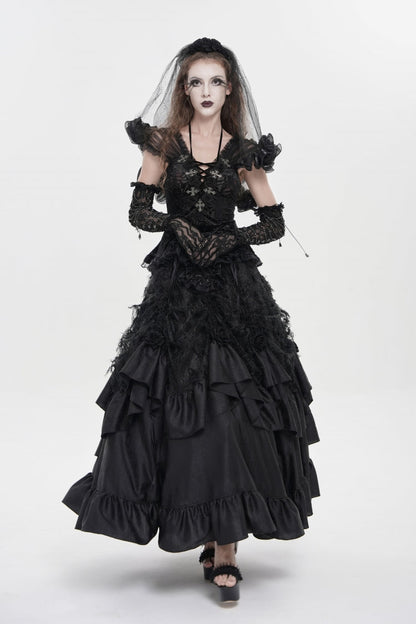 Black V Collar Short Sleeves Embroidered Lace Lace-Up Slim Women's Gothic Top