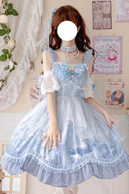 Blue Whale In The Ocean Print Bowknot Princess Multi-Layer Ruffled Sweet Lolita JSK Dress