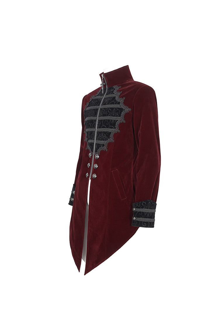 Red Stand Collar Lace Splice Swallow Tailed Men's Gothic Coat