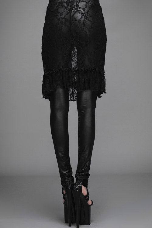 Black Rose Lace Mesh Outer Skirt Gothic Faux Leather Womens Pants