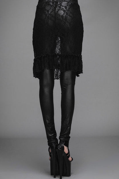 Black Rose Lace Mesh Outer Skirt Gothic Faux Leather Womens Pants