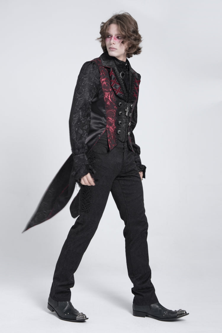 Black/Red Sleeveless Lace-Up Zipper Men's Gothic Swallow-tailed Vest