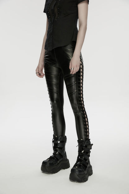 Black Studded Women's Punk  Drawstring Leggings