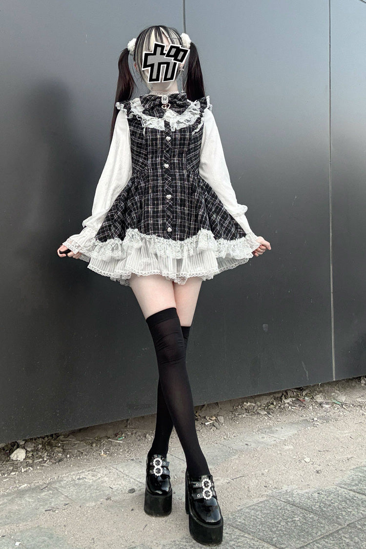 Black [Lunar Eclipse Doll] Long Sleeves Plaid Printed Ruffled Bow Lace Sweet Jirai Kei Japanese Dress Shorts Set