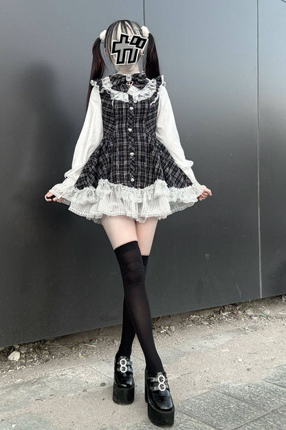 Black [Lunar Eclipse Doll] Long Sleeves Plaid Printed Ruffled Bow Lace Sweet Jirai Kei Japanese Dress Shorts Set