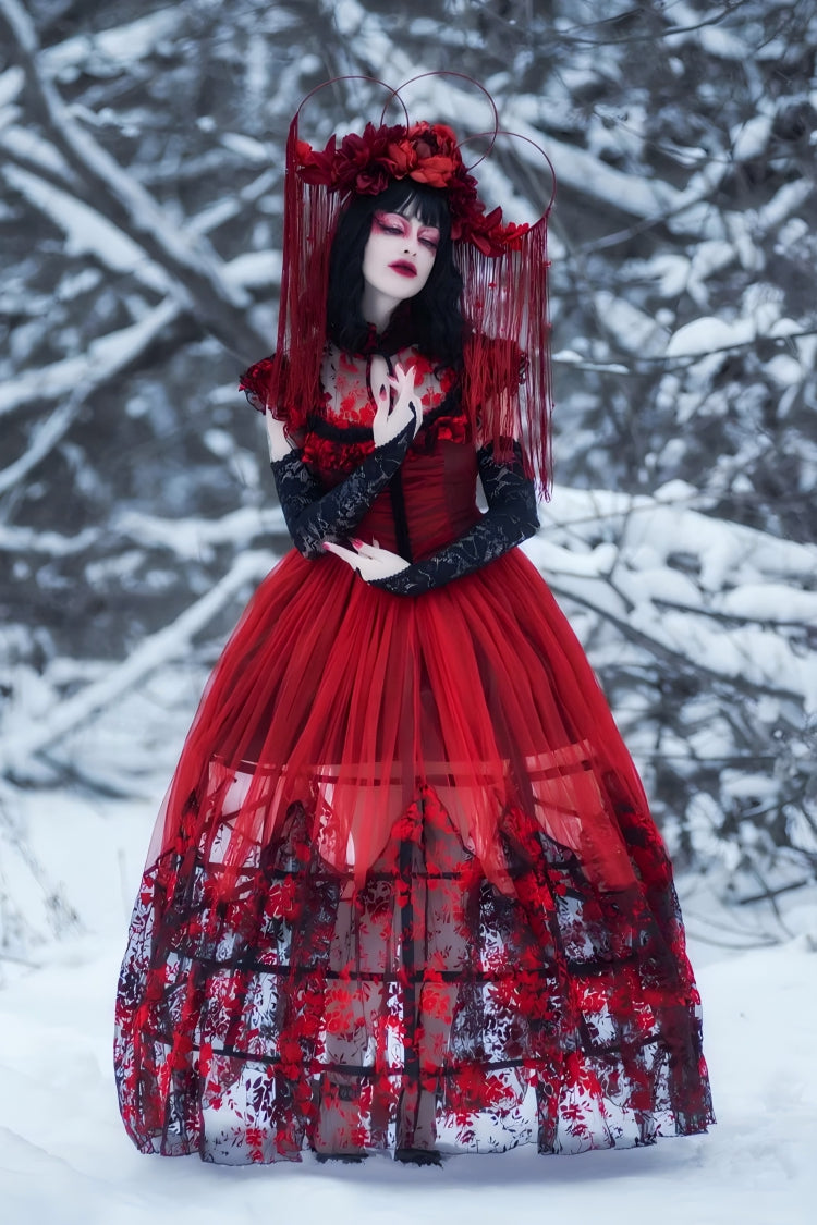 Black/Red Stand Collar Sleeveless Printed Hanayome Lace Lace-Up Women's Gothic Elegant Dress Wedding Dress