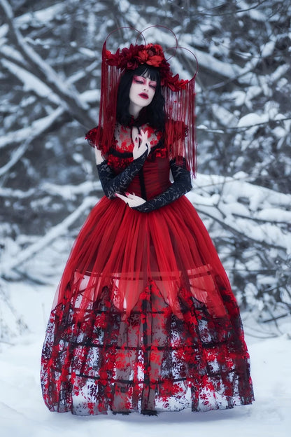 Black/Red Stand Collar Sleeveless Printed Hanayome Lace Lace-Up Women's Gothic Elegant Dress Wedding Dress