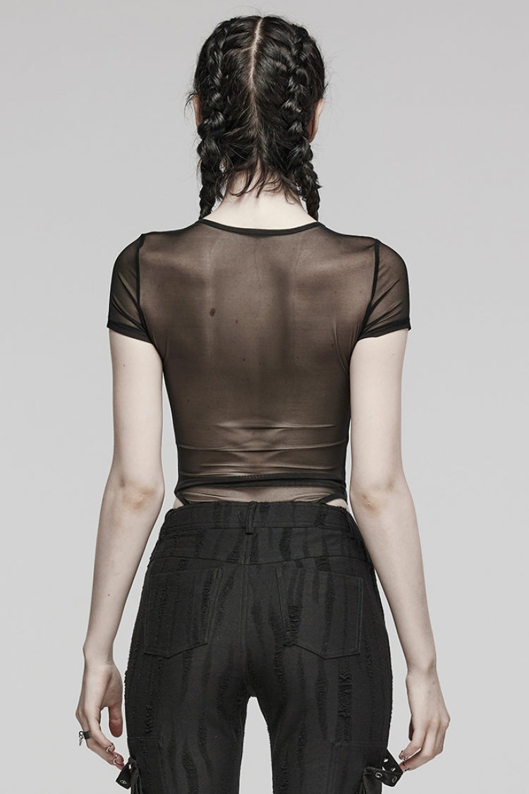 Black Short Sleeves Sheer Mesh Women's Punk Bodysuit